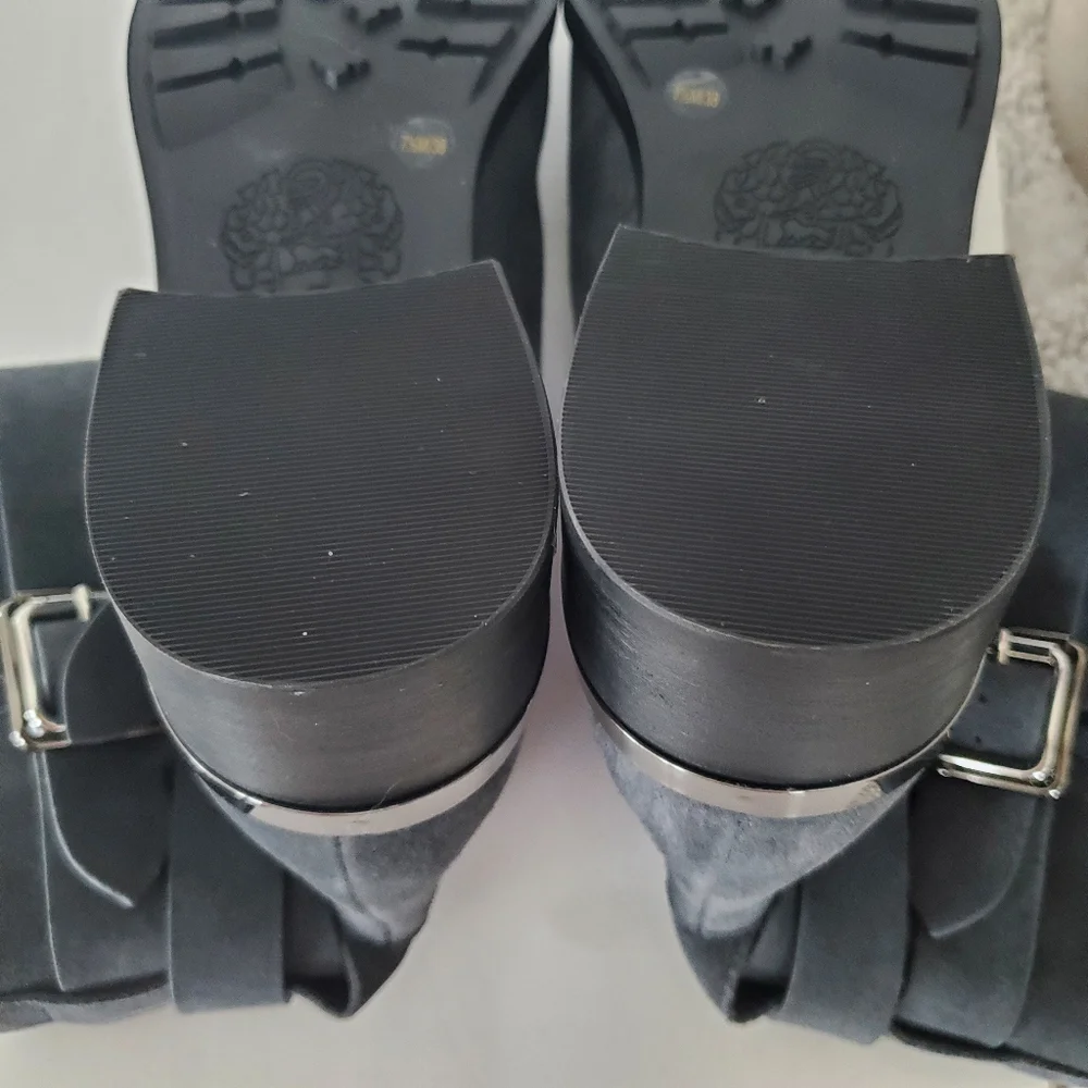 VINCE CAMUTO 7.5 WEBEY Dk Gray Suede Moto Boots Silver Buckle Strap Grunge Goth - Picture 14 of 16